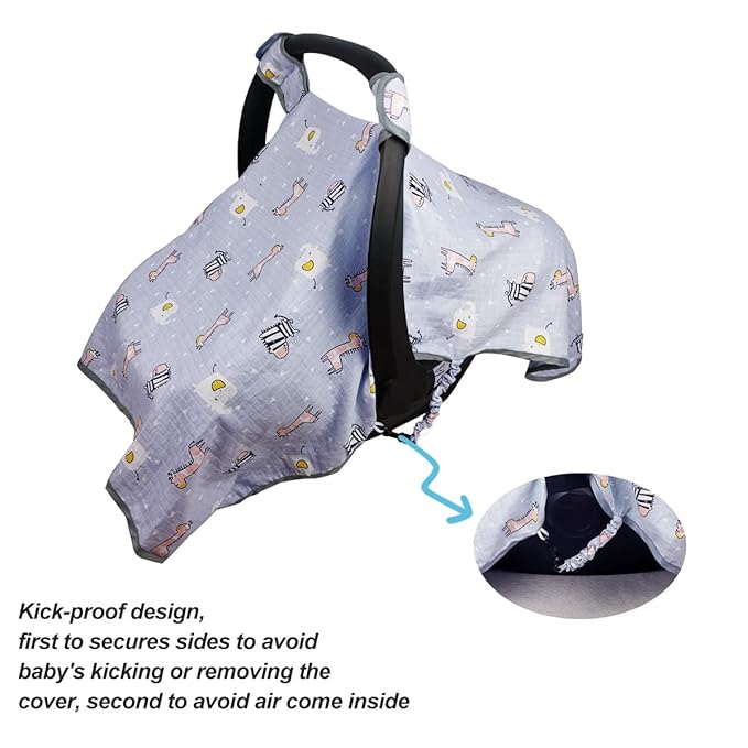 ICOPUCA Car seat Covers for Babies, kick-Proof carseat Cover Girls/boy, carseat Canopy of Light Weight Muslin, Breathable, fit Summer/Autumn/Spring, Animal Giraffe/Zebra/Elephant;
