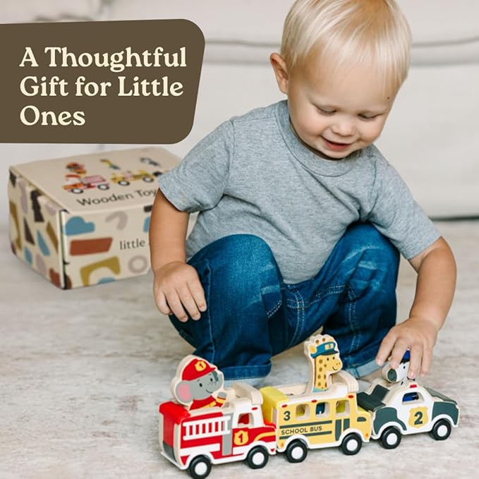 Little Acorn, Wooden Pull Back Cars with Mix & Match Characters | Montessori Toys for 1 & 2 Year Old | Car Toys for Toddlers 1-3 | Baby Toys 6-12 Months | Birthday Gifts for Boys Girls