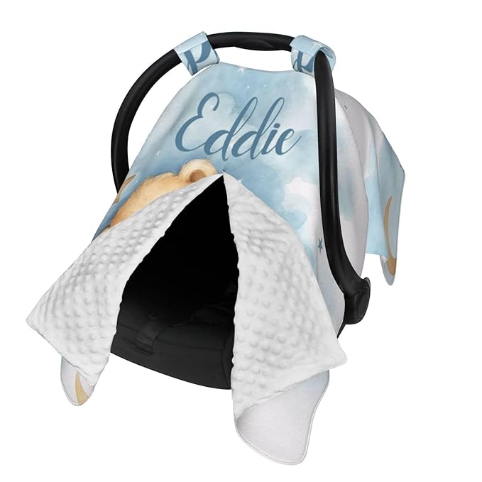 Custom Baby Car Seat Cover with Name – Personalized Sleeping Bear Nursing Cover, Infant Carseat Canopy, Shopping Cart Cover – Soft, Breathable & Warm – Ideal Shower Gift for Baby Boys