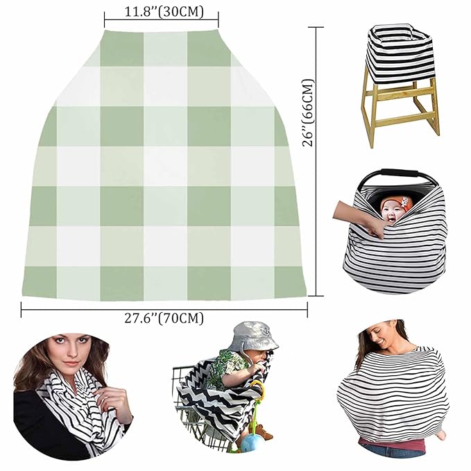 Sage Green Plaid Car Seat Covers for Babies, Modern Geometric Checkered Lattice Nursing Breastfeeding Covers Stretchy Breathable Baby Carseat Canopy Cover for Girls and Boys Shower Gifts
