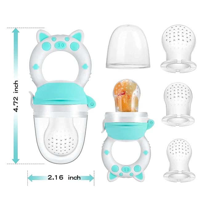 Baby Fruit Food Feeder Pacifier - Fresh Teething Pacifiers, Infant Fruit Teething Teether Toy for 3-24 Months, 6 Pcs Silicone Pouches for Toddlers & Kids & Babies, Piggy Handle 2-Pack (Blue & Gray)