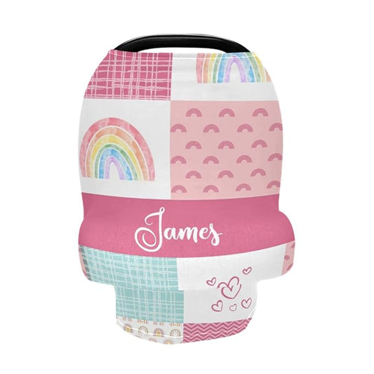 Personalized Rainbow Baby Car Seat Covers for Girls, Custom Name Nursing Cover Breastfeeding Scarf, Carseat Canopy for Girls, Infant Stroller Cover, Breathable Carseats Cover