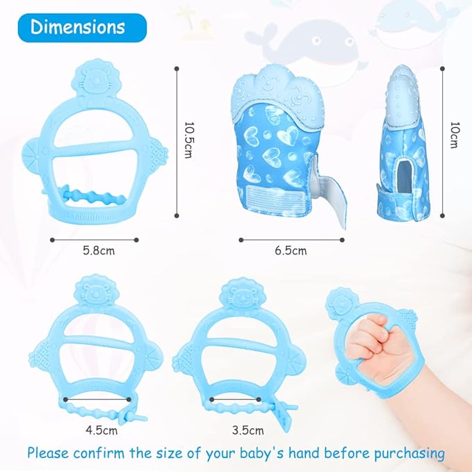 Vicloon Silicone Teething Mitt, 2Pcs Baby Teething Mitten with Adjustable Strap, Crinkle Sound and Textured, Self Soothing Baby Chew Toys for 0-6 Month Infants
