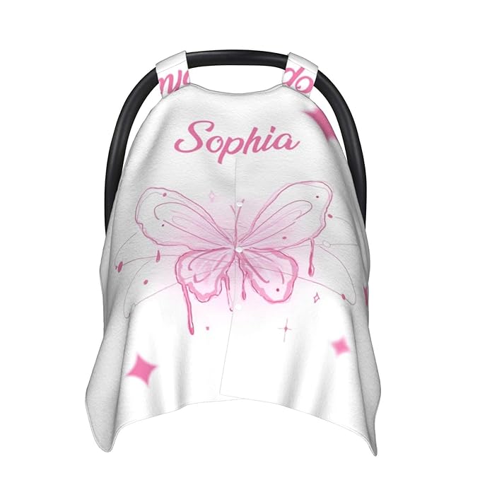 Personalized Baby Car Seat Canopy with Name, Custom Stroller Baby Car Seat Covers for Girls, Minky Nursing Carseat Cover for Breastfeeding, Car Seat Canopies for Infant Newborn(Butterfly Pink)