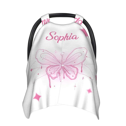 Personalized Baby Car Seat Canopy with Name, Custom Stroller Baby Car Seat Covers for Girls, Minky Nursing Carseat Cover for Breastfeeding, Car Seat Canopies for Infant Newborn(Butterfly Pink)
