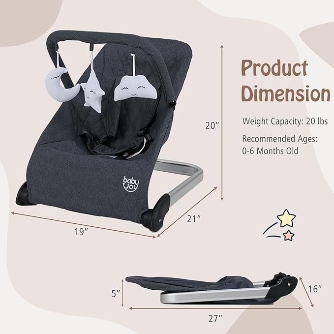 BABY JOY Baby Bouncer, Foldable Baby Bouncer Seat with 5-Point Safety Harness, Removable Fabric Cover & 3 Plush Toys, Portable Infant Bouncer for Babies 0-6 Months (Dark Grey)
