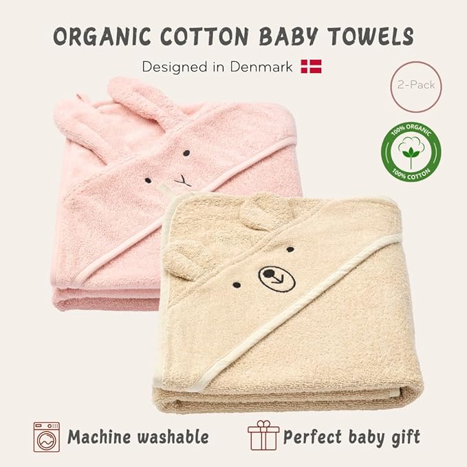 Hooded Baby Towels - 100% Organic Cotton Baby Bath Towels, 32" x 32" Super-Soft and Absorbent Baby Towels for Newborn 2-Pack (Rabbit Blush/Bear Fog)