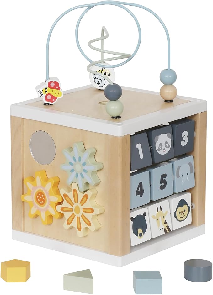 touch us Wooden Activity Cube, 6-in-1 Montessori Toys for 1+ Year Old Boys & Girls, Educational Learning Toys for 1 2 3 Year Old Baby|Bead Maze|Shape Sorter|Mirror|Gear