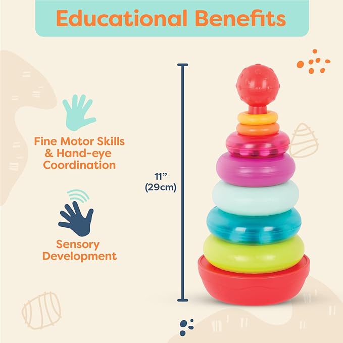 B. toys – Colorful Stacking Rings Teether – Sensory Baby Rattles – Soft Textured Toys for Teething – Rainbow Stackable Rings for Babies & Toddlers 6+ Months