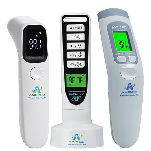 Amplim Bundle - Amplim Non-Contact Touchless Infrared Digital Forehead Thermometer for Adults and Baby Hospital Medical Grade No Touch (Pack of 3)