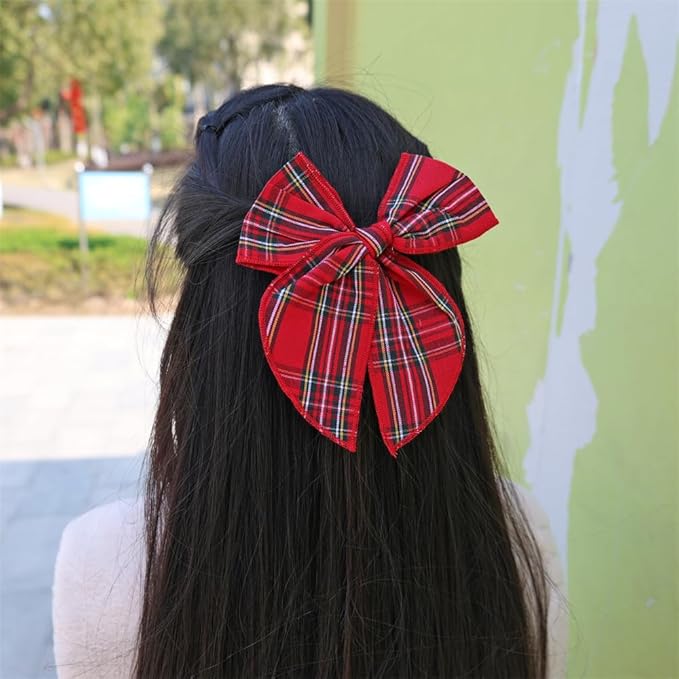 Set of 4 Tartan Red Bow Hair Clips for Little Girls Toddler Baby Mom Women Hair Barrettes Accessories 3 Styles Bows School Uniform Plaid Bows