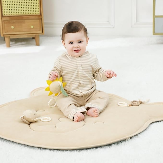 4-in-1 Wooden Baby Play Gym & Activity Mat, Soft Cotton Tummy Time Mat for Babies 0+,with 3 Detachable Toys for Sensory & Motor Skill Development,Newborn Infant Baby Essentials Gift,Bear