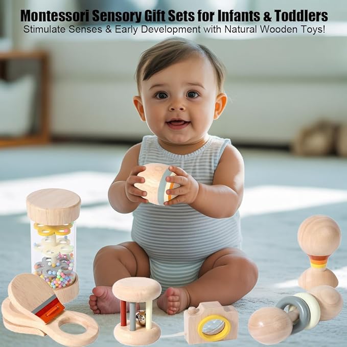 Wooden Baby Rattle Musical Set Montessori Toys for Infants 0+ Months - Rainmaker, Egg Shaker, Maracas, Ring Rattle, Bell Roller Rattle, Castanets, Kaleidoscope, Newborn Sensory Play Gift