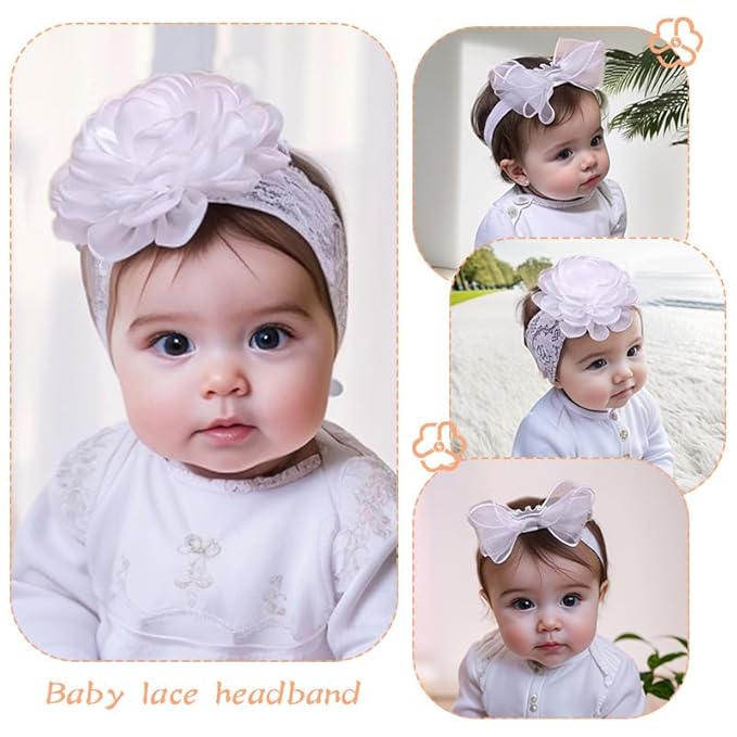 White Lace Christening Headband for Baby Girl Soft Cotton Flower Baptism Toddler Elastic Hairband Bow Newborn Infant Hair Accessories for Birthday Party (White 3, Standard size)