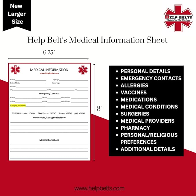 Type 1 Diabetes Awareness Medical Alert Seatbelt Cover for Children in Car Seats (6”) Featuring an Emergency Information Form and Pocket by Help Belts. (Red/White)