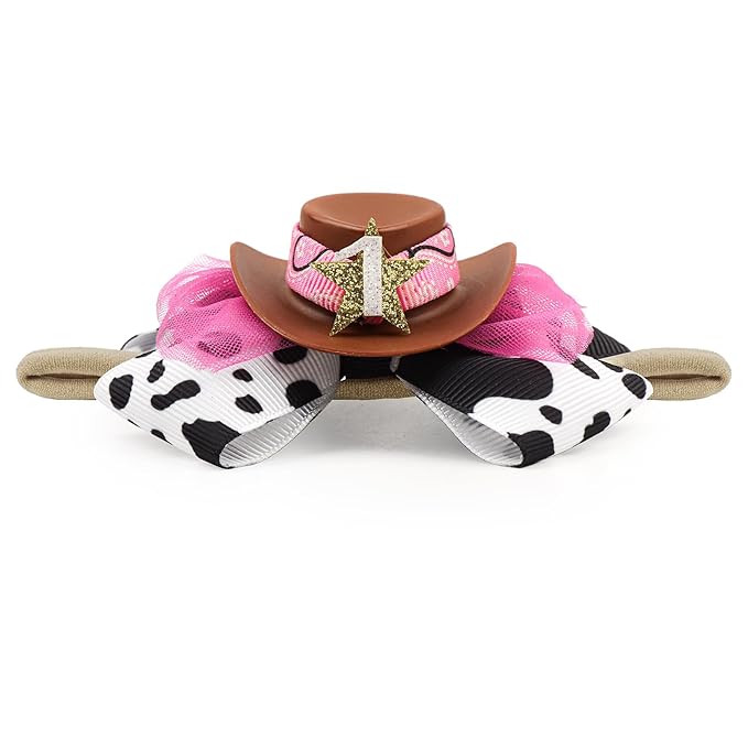 YanJie 3.5’’ Birthday Hair Bow for 1 Year Old Cowgirl Hat Bow Headbands for Girls Newborn Hair Accessories Rodeo Outfit for Girl Birthday Gifts