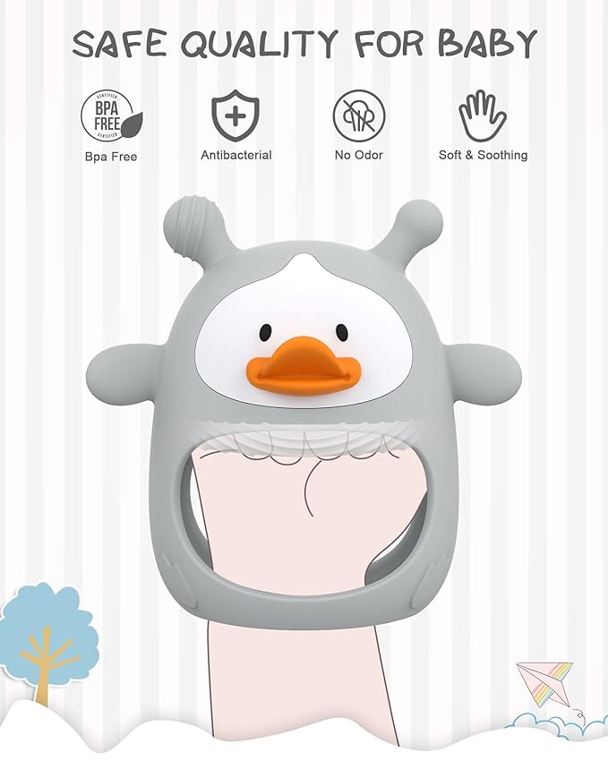 Baby Teething Toys,Silicone Baby Teether Toy for Infants 3+ Months, Never Drop Silicone Baby Mitten Teether for Soothing Teething Pain Relief, Baby Chew Toys for Sucking Needs, BPA Free (Grey)
