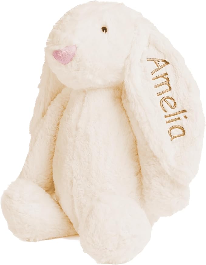 Personalized Super Soft Plush Bunny - Stuffed Animal Toy for Kids - Custom Gift with Embroidered Name on Ear for Easter, (Cream, Medium)
