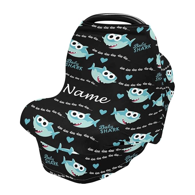 Personalized Cartoon Shark Baby Car Seat Cover for Boys Girls Newborn, Custom Baby Carseat Canopy with Name, Multiuse Nursing Covers, Infant Stroller Cover, Breastfeeding Scarf