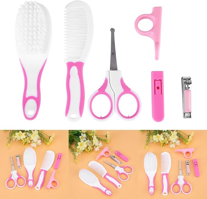 Baby Grooming Kit, Toes Fingernails Care, 6 pcs Baby Nail Kit Daily Care Set with Hair Brush, Hair Comb, Scissor, Nail Clipper, Nail Clipper Cover and Nail Scissor Handle Cover()