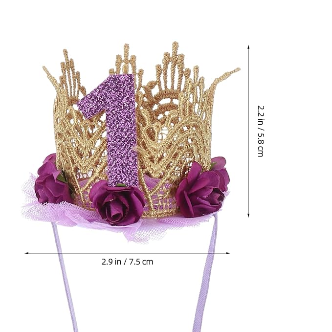 1st Birthday Tiara Headband for Baby Girl - Glitter Number Tiara, Flower Headband, Toddler Infant Kids Purple Hat