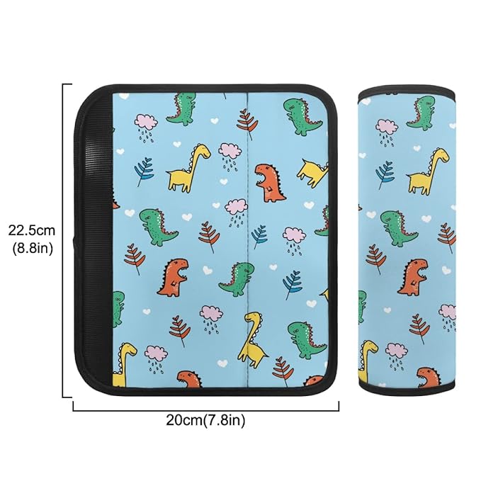 ENLACHIC Kids Car Seat Belt Cover, Cute Cartoon Animal Print Baby Car Seat Strap Pads Infant Car Seat Protector Car Accessories Universal All Cars,Blue Cartoon Dinosaur