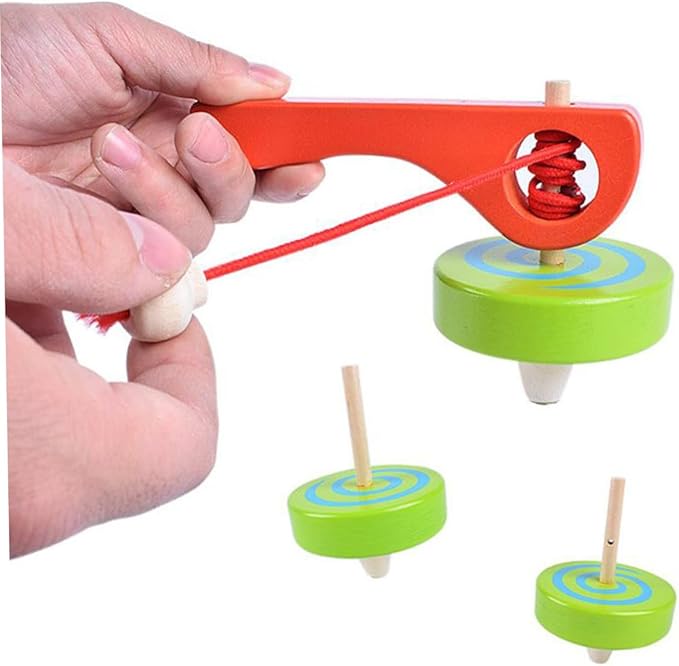 Kisangel 3-Pack Gyroscope Toys with Handle and Pull String Wire Educational Wooden Spinning Tops for Kids Toddlers Portable and Lightweight for Indoor and Outdoor Play
