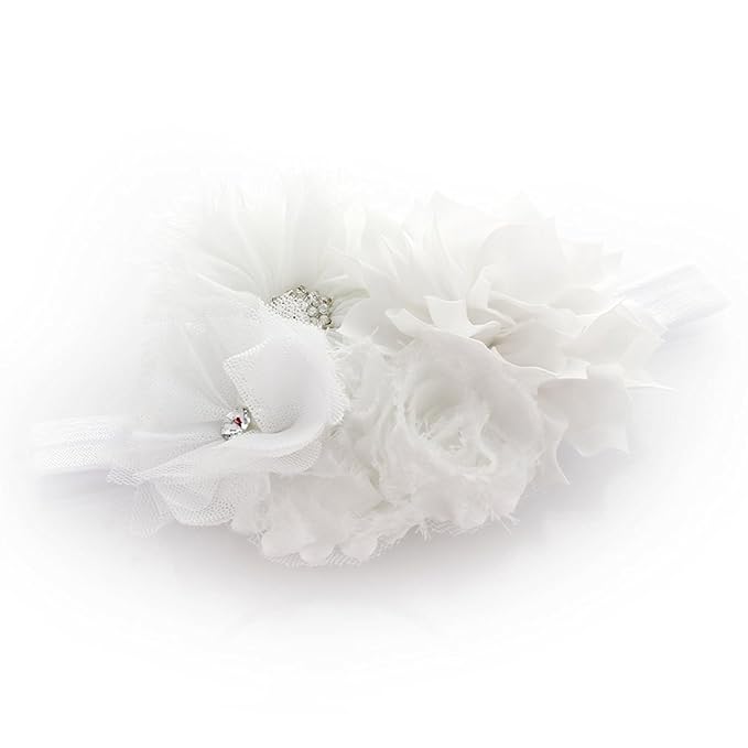 My Lello Headband Shabby Fabric Flower Cluster Baby - Infant - Toddler - Girl Stretchy Elastic White