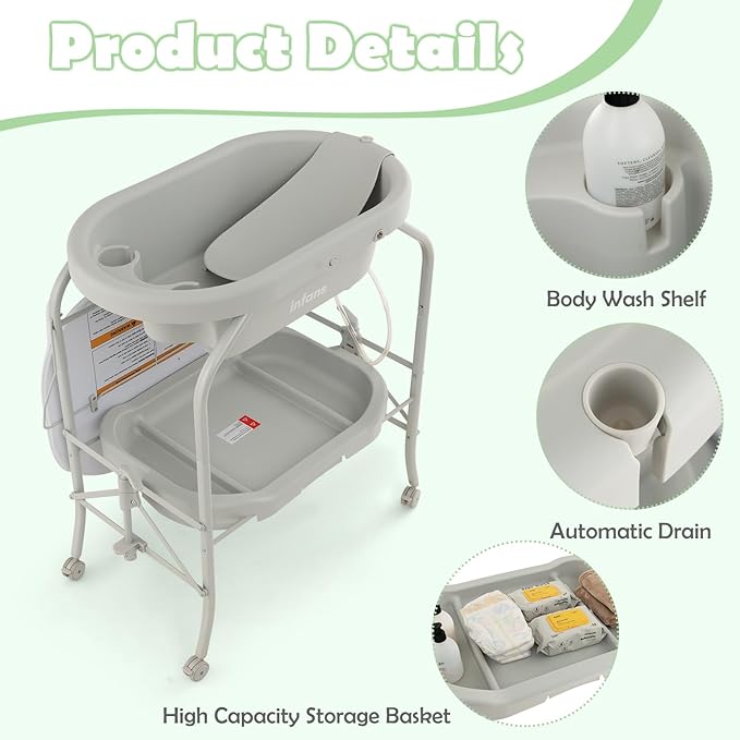 INFANS 2 in 1 Baby Changing Table with Bath Tub Unit, Folding Diaper Dresser Station with Wheels Waterproof Pad Storage Rack, Portable Nursery Organizer Stand for Newborn Infant (Light Grey)