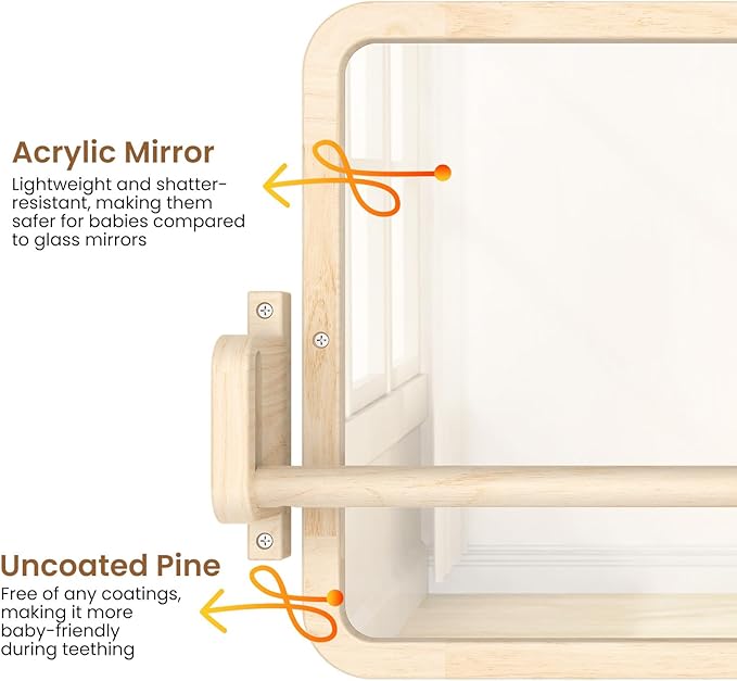 Woodtoe Montessori Mirror with Bar, Baby Pull to Stand Toys, Natural Wooden Frame & Baby Pull Up Bar, Adjustable Infant Coordination Small Mirror, Montessori Birthday Toy for Toddler 6-18 Months