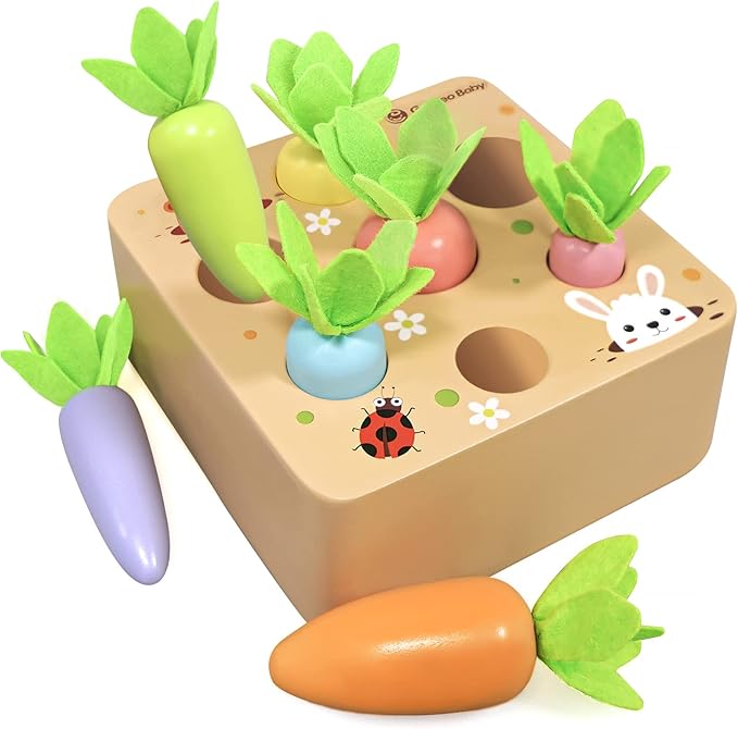KMTJT Montessori Toys for 2 3 Year Old Toddlers, Macron Carrot Harvest Game Wooden Toys for Baby Boys and Girls, Educational Learning Shape Sorting Matching Gifts for Babies