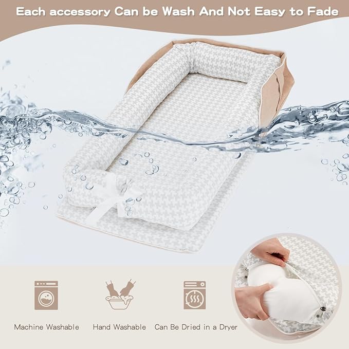 Baby Lounger for Newborn, Portable Breathable Baby Nest Infant Lounger Adjustable U-Shaped Safety Bumper for Cozy Comfort - Grey Houndstooth