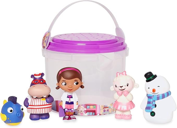 Disney Store Official Doc McStuffins Bath Toys Set - Includes 5 Detailed Toys with a Straining Storage Bucket - Bath Time Fun & Water Play Set for Kids