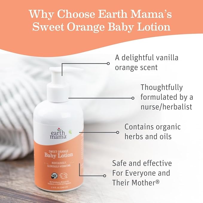 Earth Mama Sweet Orange Baby Lotion | Moisturizing Body Lotion for Dry Skin, Newborn Sensitive Skin Care, Face Moisturizer for Babies & Kids with Shea Butter, Calendula & Aloe, 8 Fl Oz