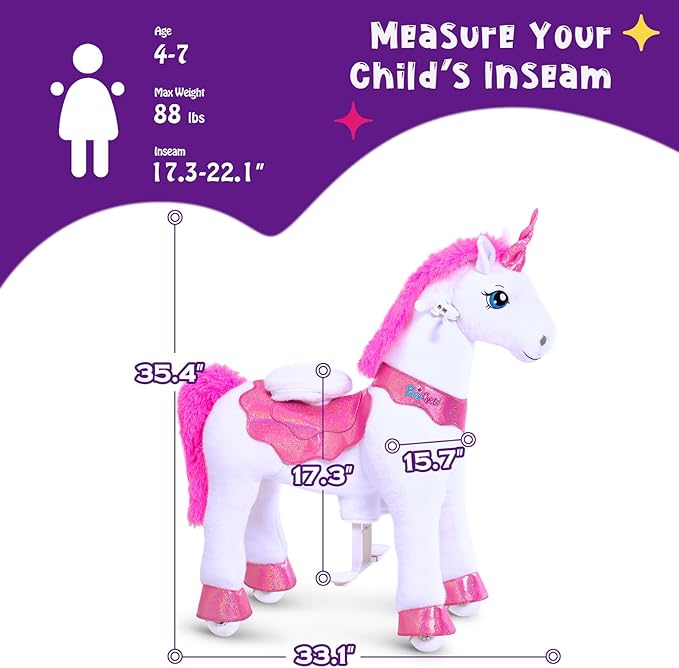 PonyCycle Ride on Unicorn Toys for Girls Pony Riding Pink Unicorn Rocking Horse (with Brake/ 35.4" Height/Size 4 for Age 4-7) Ride-on Animals Plush Pony Toys Birthday Gifts E412