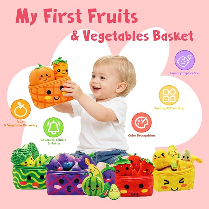 Play Food for Toddlers 1-3, Plush My First Fruit Vegetables Basket Color Sorting Rattle, Squeaker & Crinkle Play Food Set for Kitchen Baby Sensory Toys Easter Basket Stuffers Birthday Gifts 20PCS