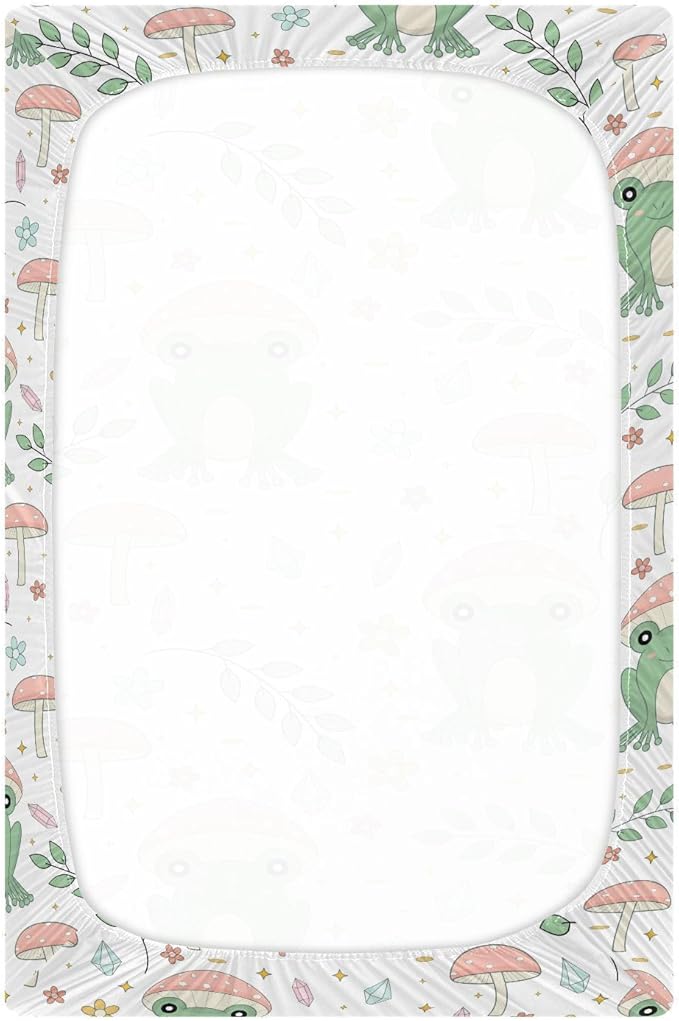 Fitted Crib Sheets Cute Frog Mushrooms Leaves Stretchy Portable Playard Sheets for Baby Toddler, Breathable Soft Mini Crib Mattress 39 x 27 in for Boys and Girls