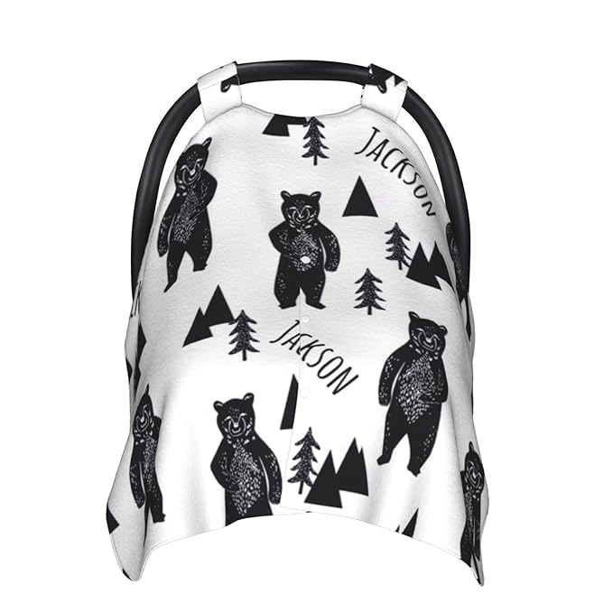 Personalized Black Bear Baby Infant Car Seats Canopy for Babies with Name, Custom Lightweight Covers for Baby Boys Girls, Minky Nursing Breastfeeding Stroller Cover Canopies for Newborn