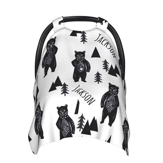 Personalized Black Bear Baby Infant Car Seats Canopy for Babies with Name, Custom Lightweight Covers for Baby Boys Girls, Minky Nursing Breastfeeding Stroller Cover Canopies for Newborn
