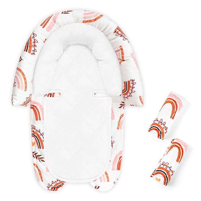 Baby Car Seat Head Body Support & Strap Covers, 2 in 1 Infant Car Seat Insert, Reversible Soft Breathable Newborn Cushion Pads for Preemie, Perfect for Baby Carseats, Strollers, Swings (Rainbow)