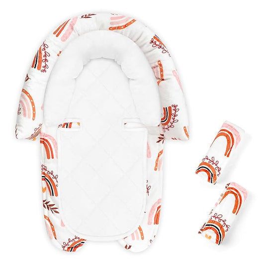 Baby Car Seat Head Body Support & Strap Covers, 2 in 1 Infant Car Seat Insert, Reversible Soft Breathable Newborn Cushion Pads for Preemie, Perfect for Baby Carseats, Strollers, Swings (Rainbow)