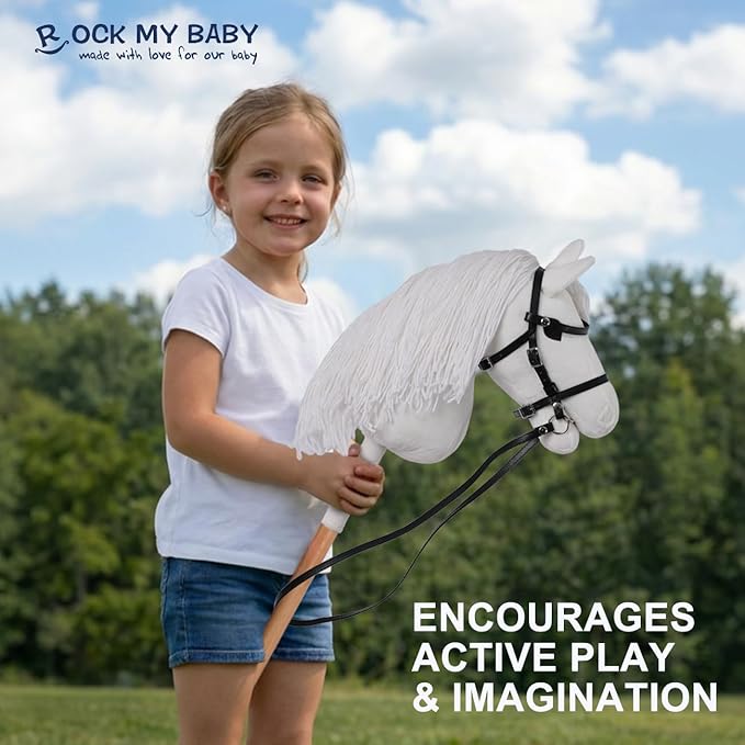 ROCK MY BABY Hobby Horse with a Detachable Bridle Plush Handmade Stick Horse with Removable Rosette Ribbon for Kids 3+ Years Old (White)