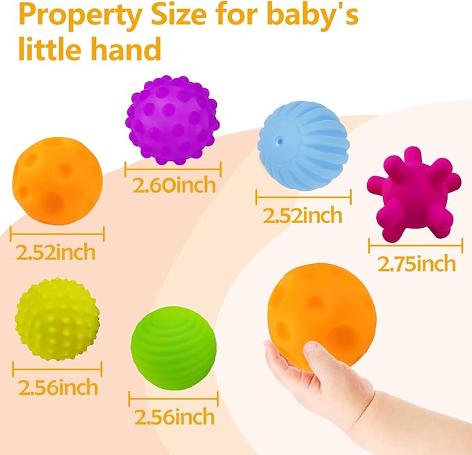 Sensory Balls for Kids 6pcs Textured Multi Ball Set for Toddlers Multicolor and Bright Handing Catching Balls BPA-Free Soft Stress Relief Toys