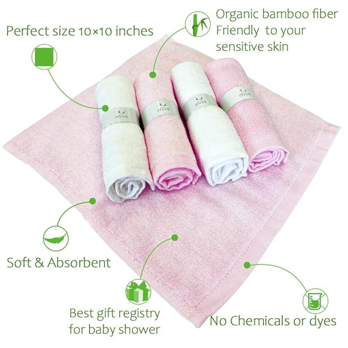 elves Bamboo Viscose Washcloth Baby Set of 6 - Ultra Soft Wash Cloths for Face and Body - Small Face Towel for Baby Girl (White&Pink)