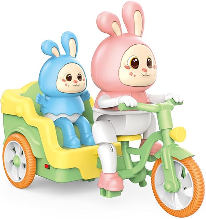 Miracland Tricycle-Riding Rabbit Musical Toy, Adorable Baby and Mom Rabbit Toy, Electric Tricycle Toy with Simulated Cycling Movement, Cool Lights and Joyful Music (Pink)