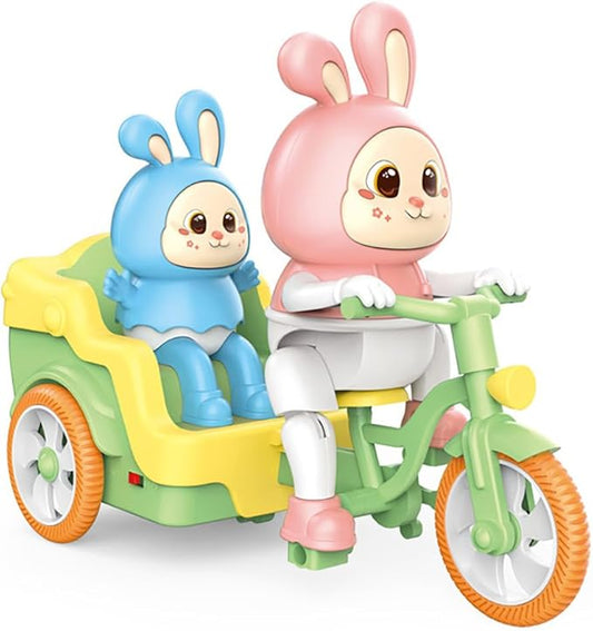 Miracland Tricycle-Riding Rabbit Musical Toy, Adorable Baby and Mom Rabbit Toy, Electric Tricycle Toy with Simulated Cycling Movement, Cool Lights and Joyful Music (Pink)