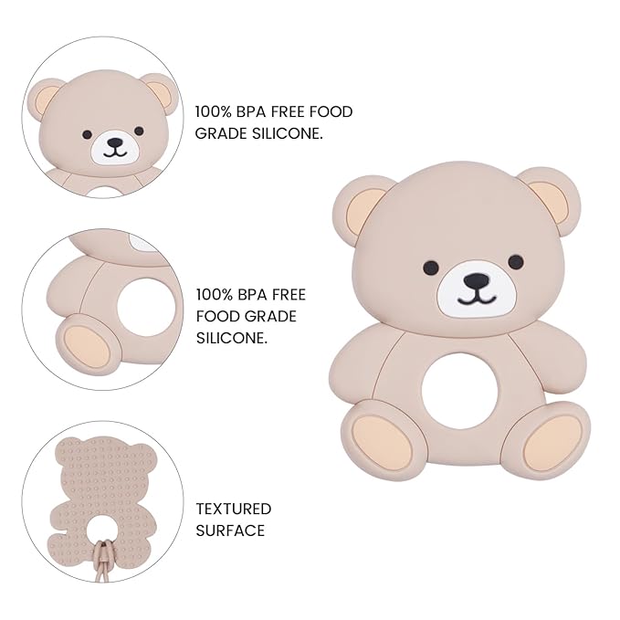 Cute Animal Baby Food Grade Silicone Teether Toy with One Piece Design Pacifier Clip Holder,Teething Pain Relief Toys Gift Set for 3 Months+ Boys and Girls,Freezer Safe,BPA Free (Bear)