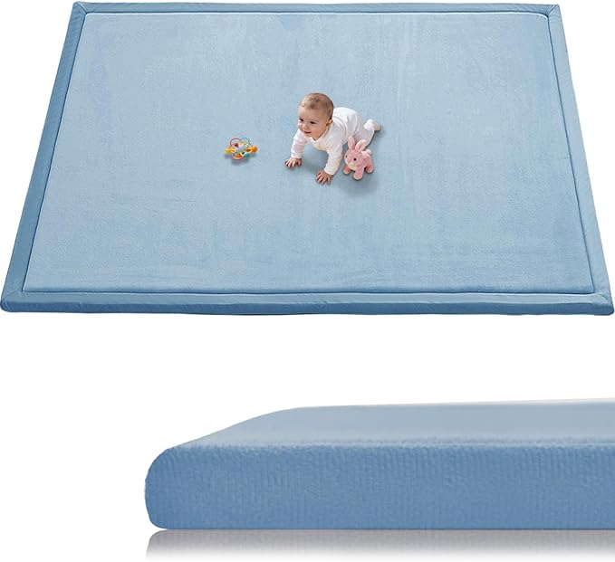 Baby Play Mat for Floor, 1.3 Inch Thick Memory Foam Tummy Time Mat with Non Slip Backing, Soft Coral Velvet 59X79 Inch Playpen Mat Crawling Tatami for Infants Toddlers Kids, Midnight Blue