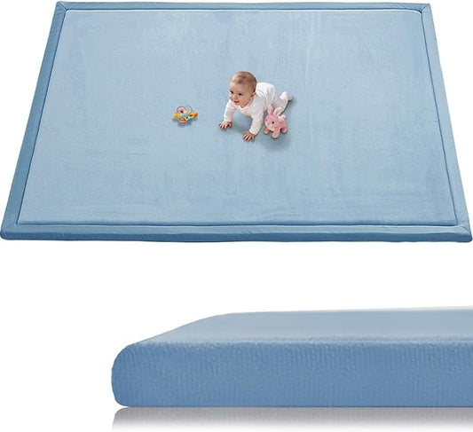Baby Play Mat for Floor, 1.3 Inch Thick Memory Foam Tummy Time Mat with Non Slip Backing, Soft Coral Velvet 71X79 Inch Playpen Mat Crawling Tatami for Infants Toddlers Kids, Midnight Blue