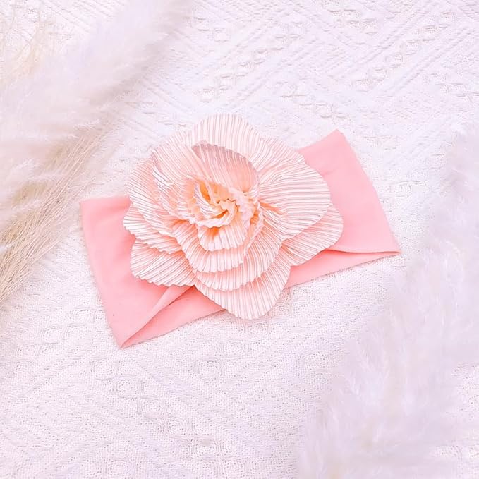 Large Flower Elastic headband for Baby Girl Infant Soft Fabric Chiffon Floral Hairband Toddler Newborn Christening Baptism Hair Accessories (Flower 1 - Pink, Elastic)